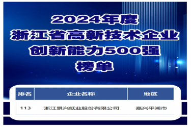 喜報！景興紙業入選浙江省高新技術企業創新能力500強榜單